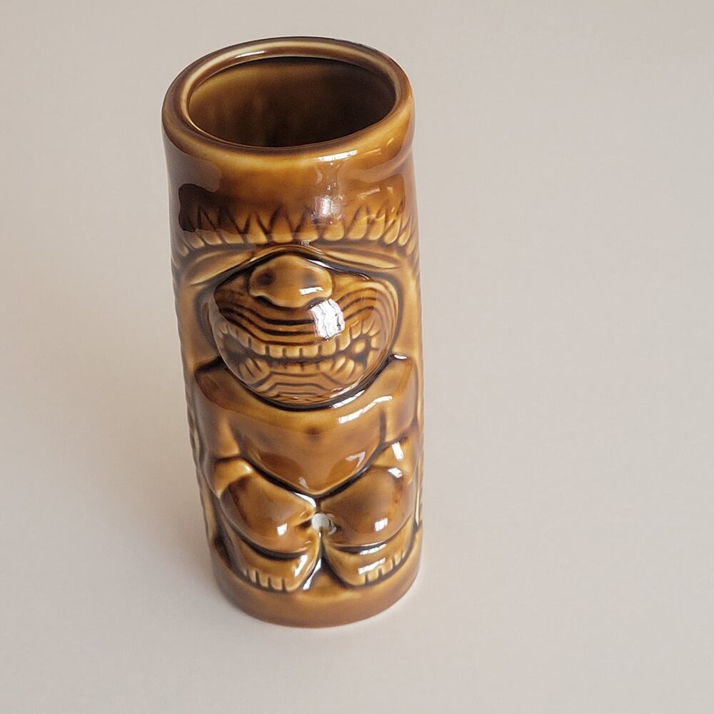 Hawaiian Polynesian Tiki Mug Cup Vase Brown Barware Glazed 6 1/3" tall
